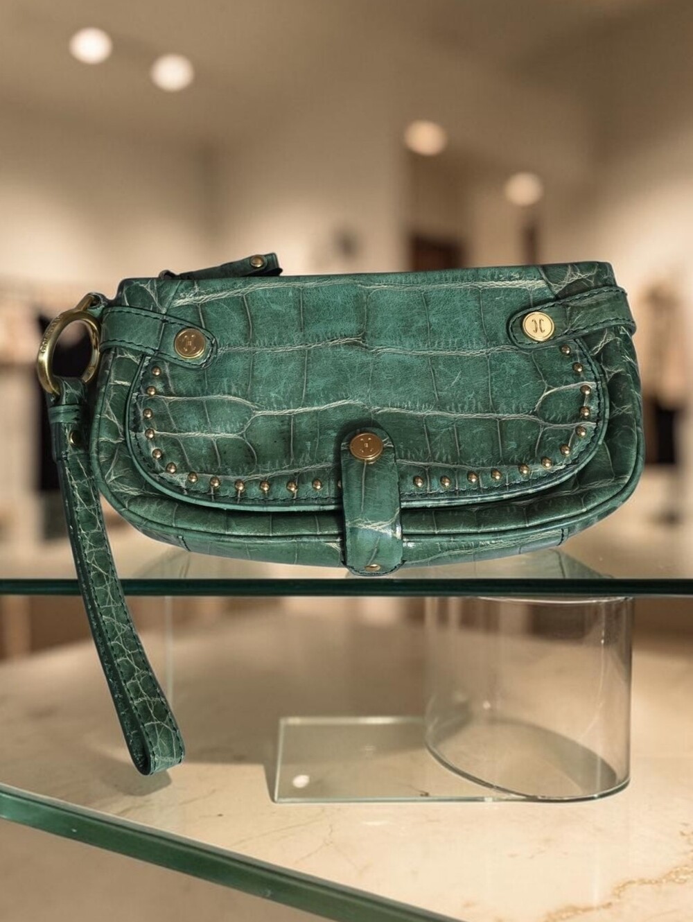 Cole Haan Green Crocodile Embossed Leather Large Wristlet/Mini Bag